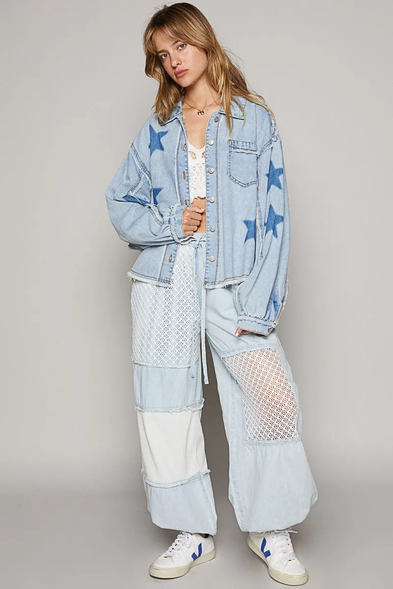 POL Balloon Sleeve Frayed Hem Star Pattern Denim Button Down Shacket