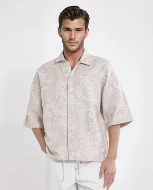 Rare Rabbit Men Tyra Beige Cotton Poly Fabric Half Sleeve Collared Neck Button Closure Embroidered Shacket