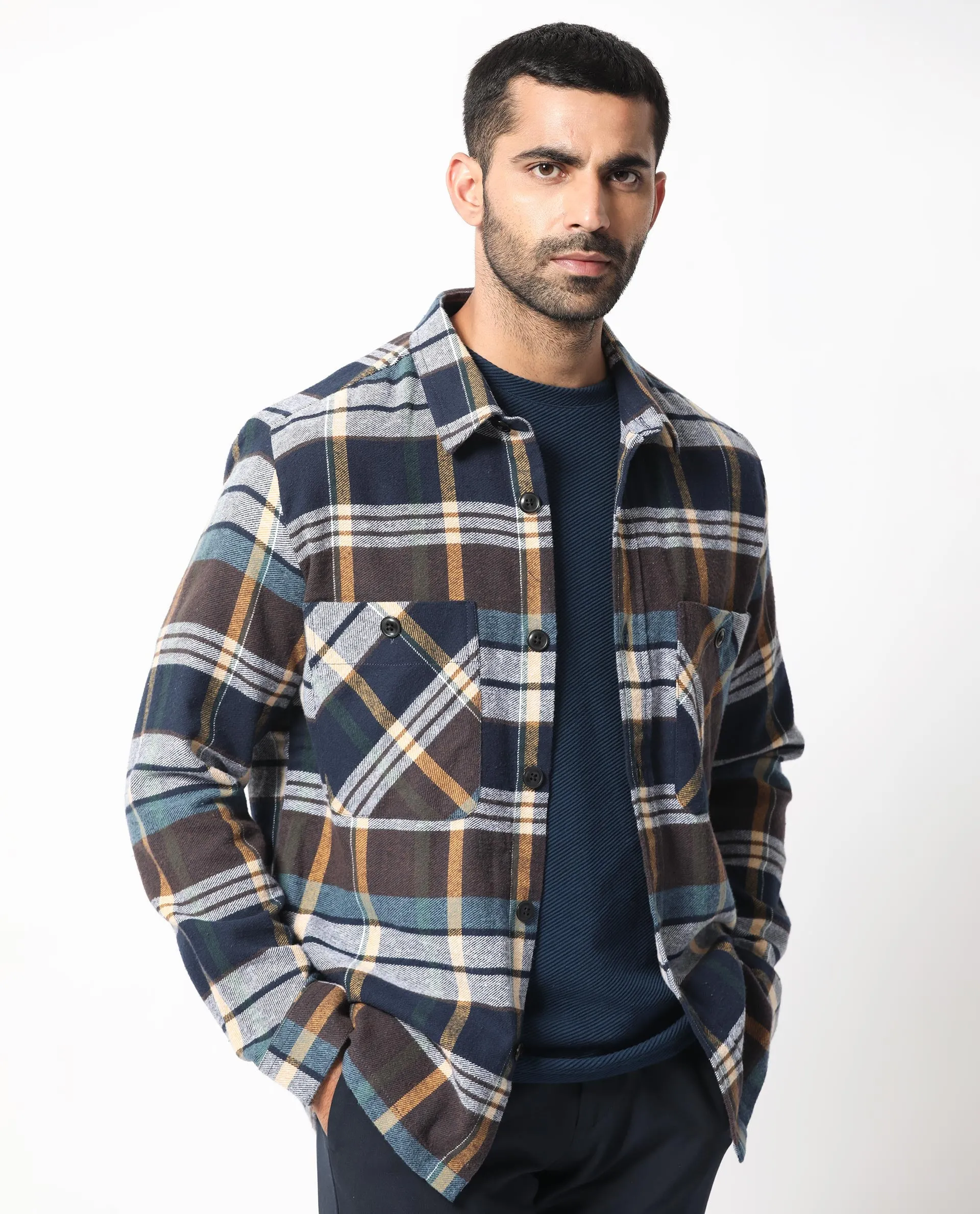 Rare Rabbit Men's Gustro Brown Cotton Fabric Full Sleeves Button Closure Checks Shacket