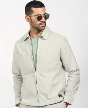 Rare Rabbit Men's Jilin Light Grey Cotton Fabric Full Sleeves Zip Closure Solid Twill Shacket