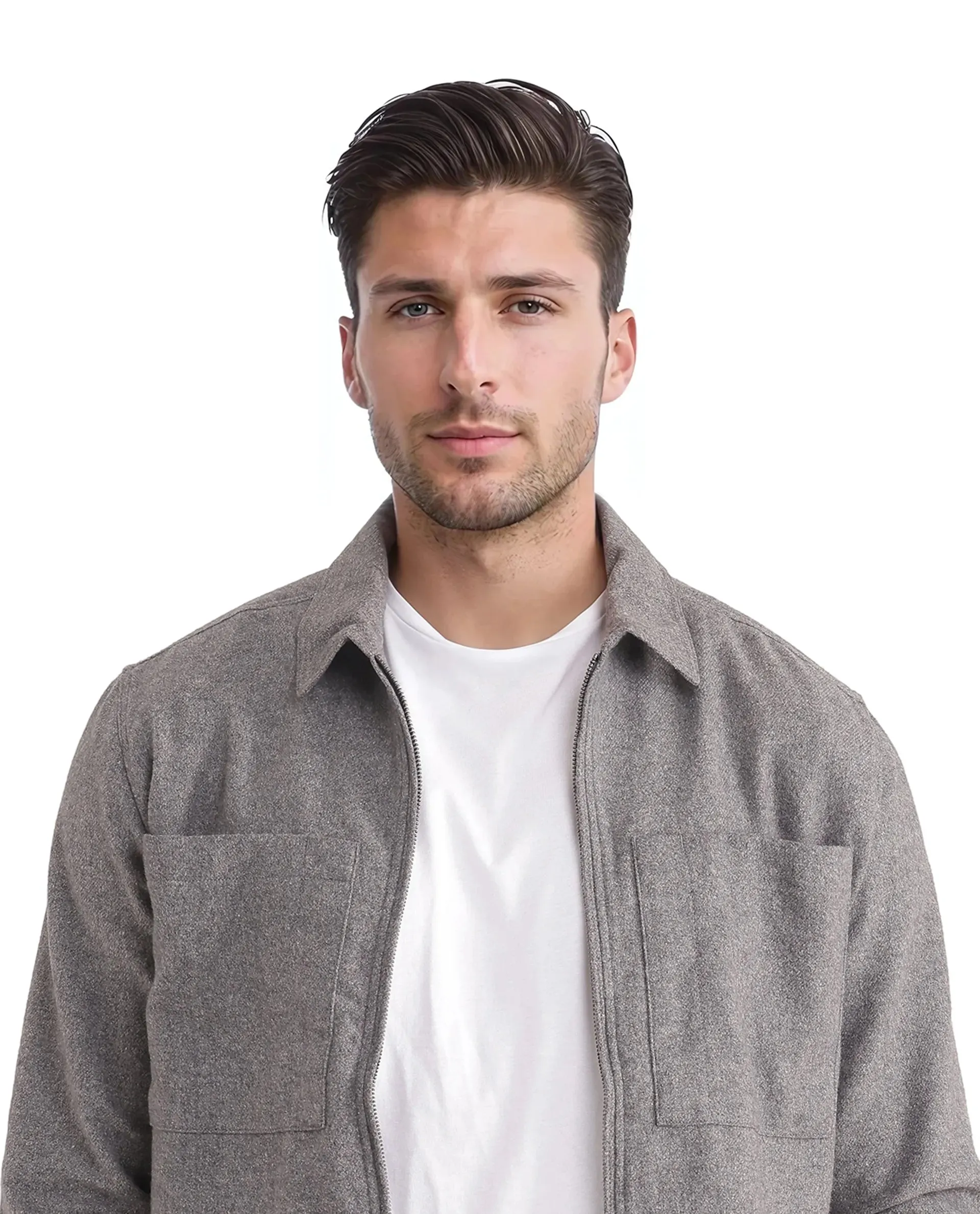 Rare Rabbit Men's Kaai Dark Grey  Polyester Nylon Fabric Full Sleeve Zipper Closure Regular Fit Plain Shacket