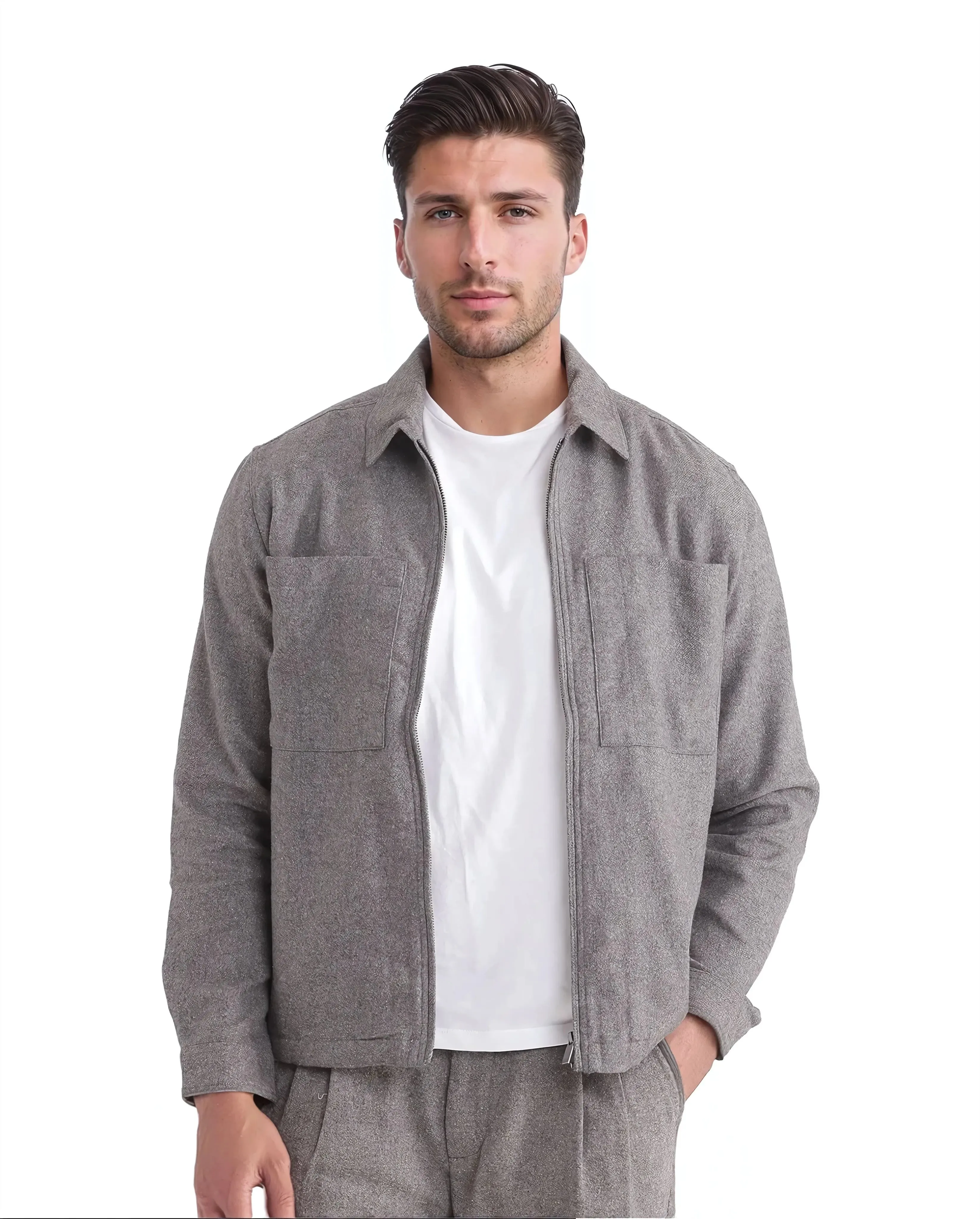 Rare Rabbit Men's Kaai Dark Grey  Polyester Nylon Fabric Full Sleeve Zipper Closure Regular Fit Plain Shacket