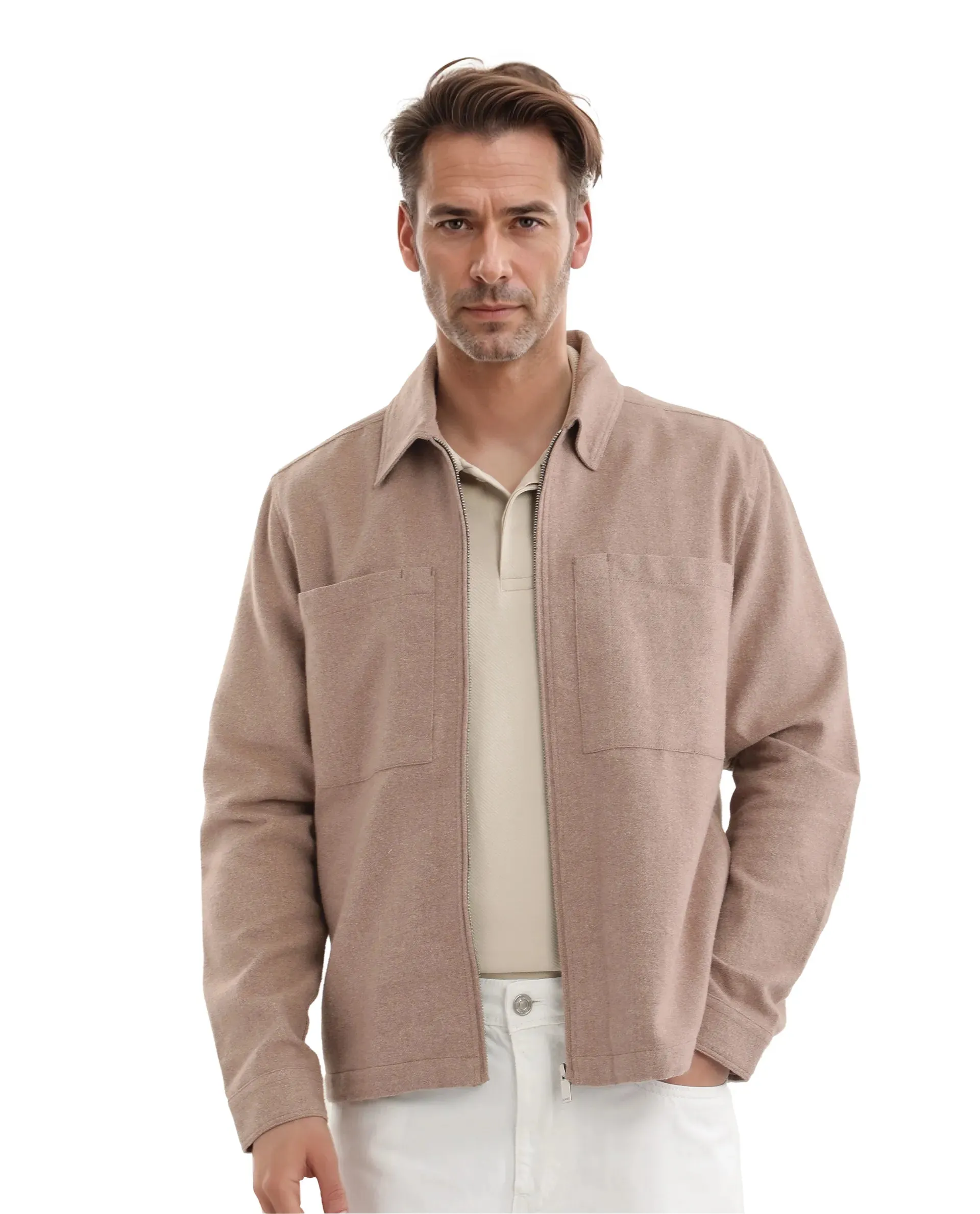 Rare Rabbit Men's Kaai Peach  Polyester Nylon Fabric Full Sleeve Zipper Closure Regular Fit Plain Shacket