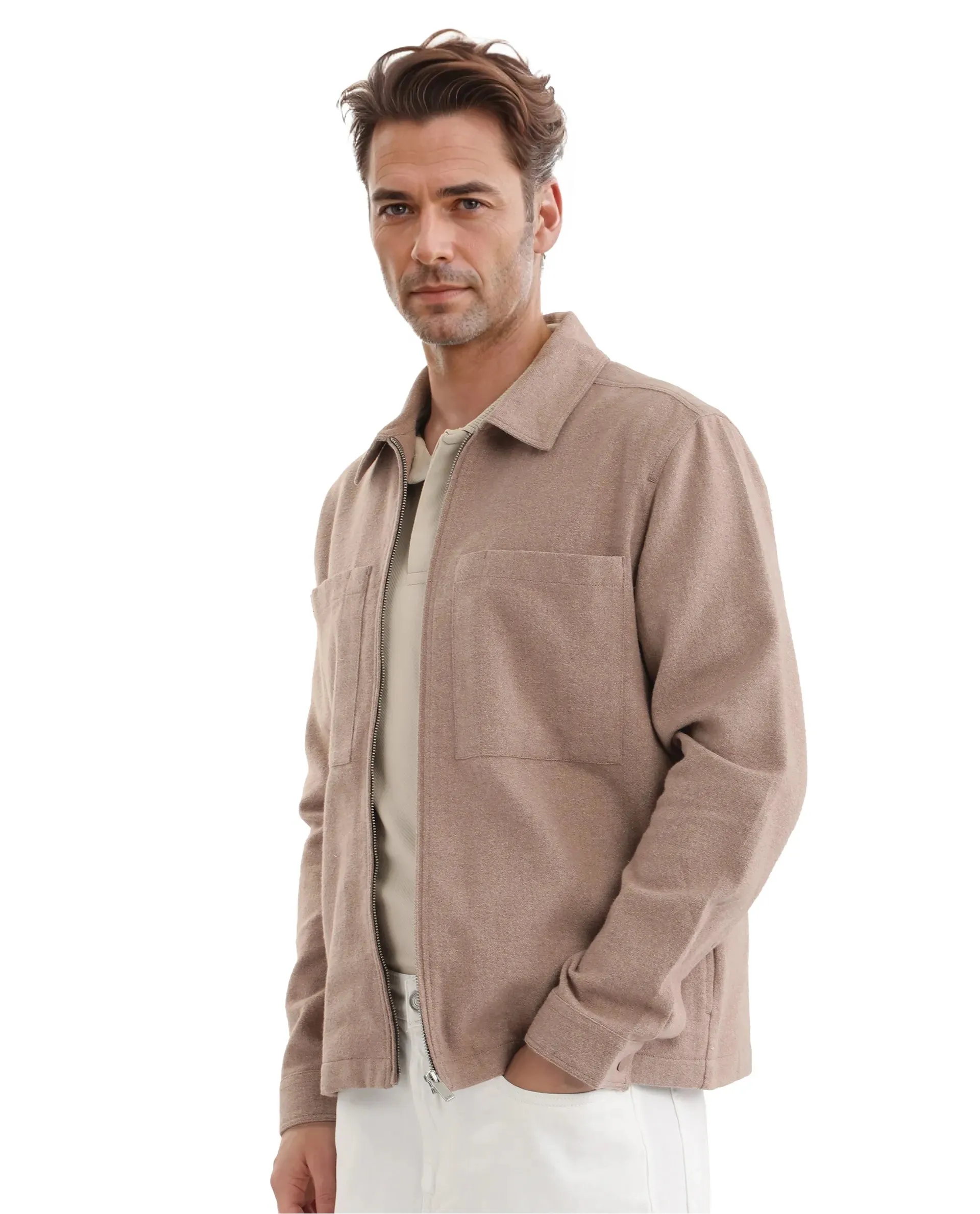 Rare Rabbit Men's Kaai Peach  Polyester Nylon Fabric Full Sleeve Zipper Closure Regular Fit Plain Shacket