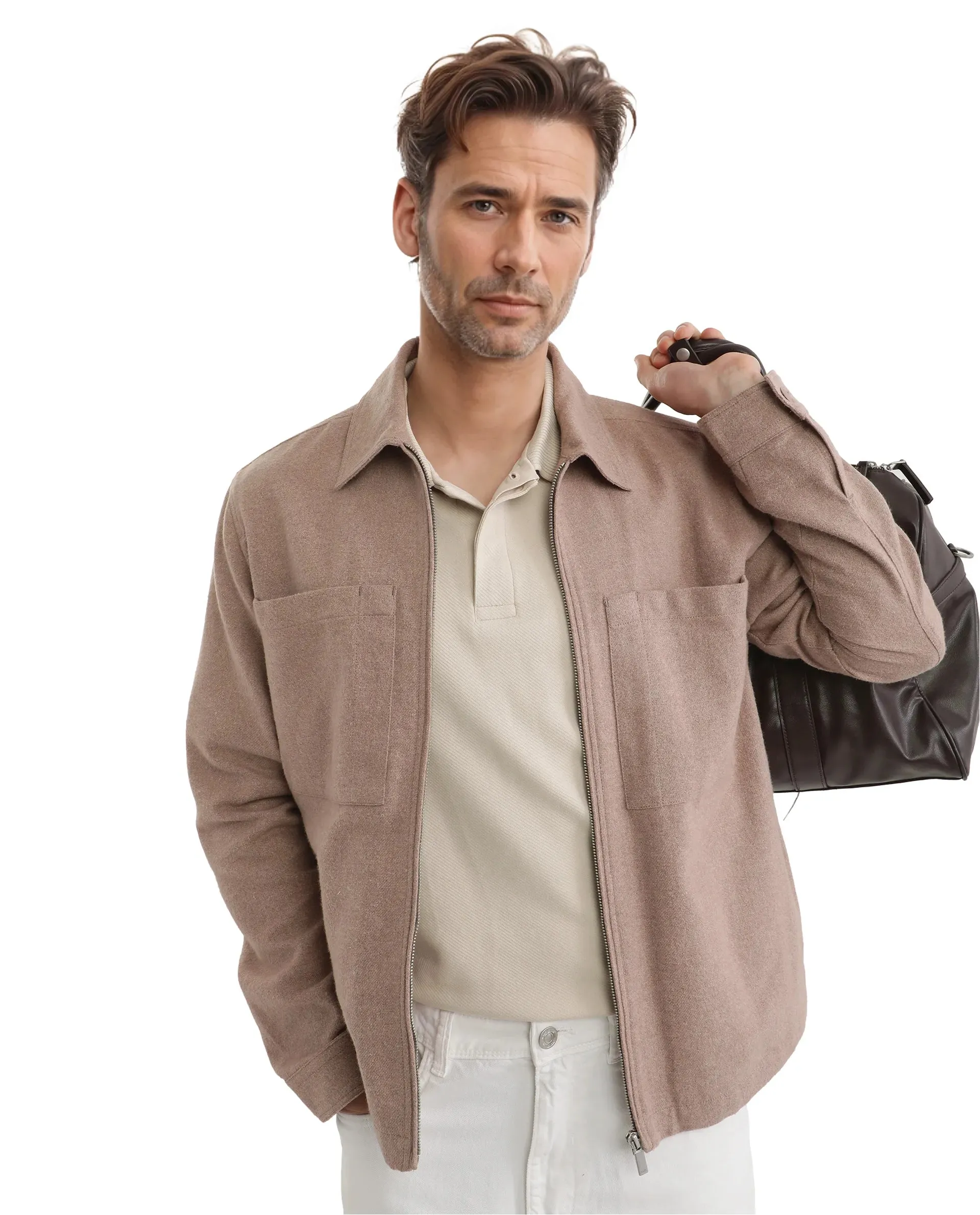 Rare Rabbit Men's Kaai Peach  Polyester Nylon Fabric Full Sleeve Zipper Closure Regular Fit Plain Shacket