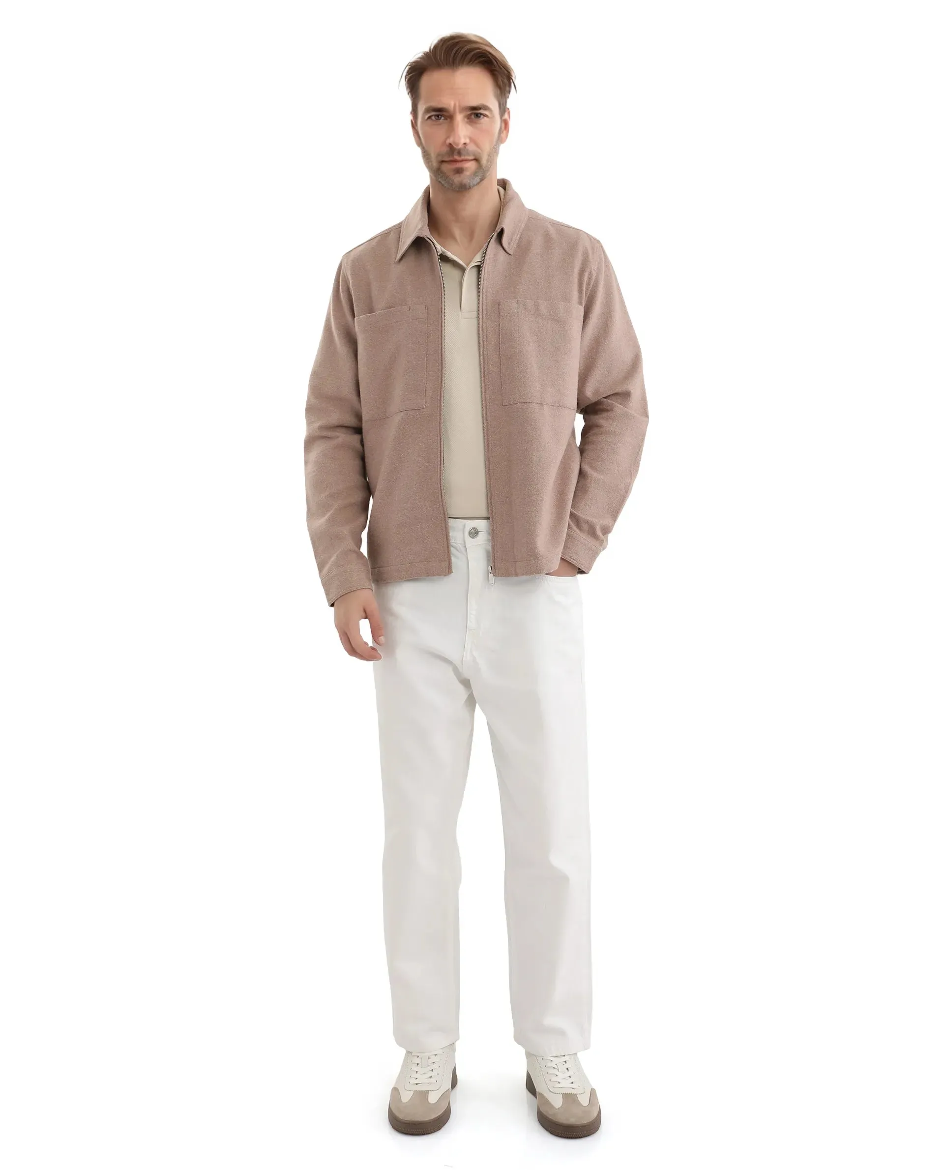 Rare Rabbit Men's Kaai Peach  Polyester Nylon Fabric Full Sleeve Zipper Closure Regular Fit Plain Shacket