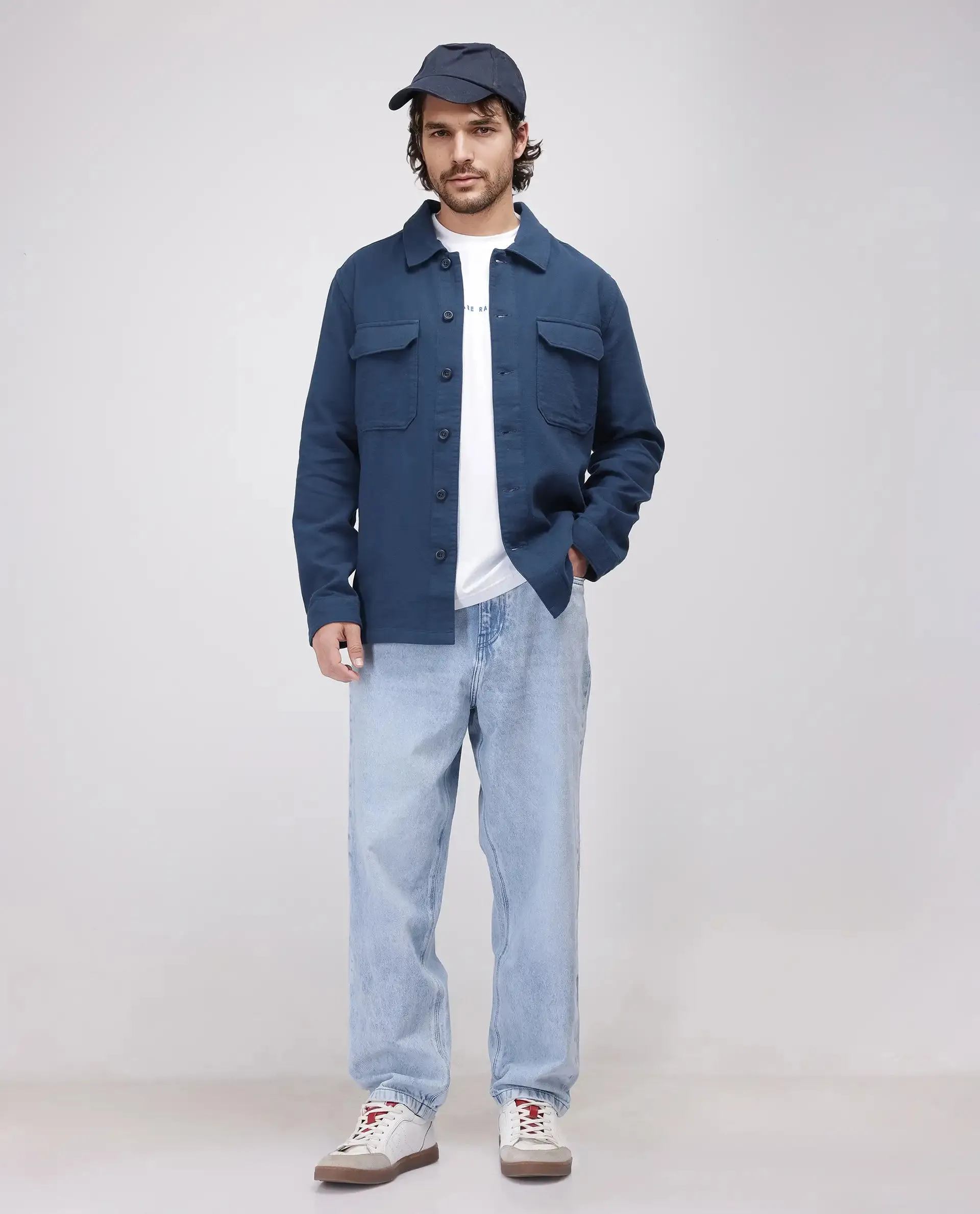 Rare Rabbit Men's Prest-25 Dusky Blue Cotton Fabric Full Sleeve Collared Neck Plain Shacket