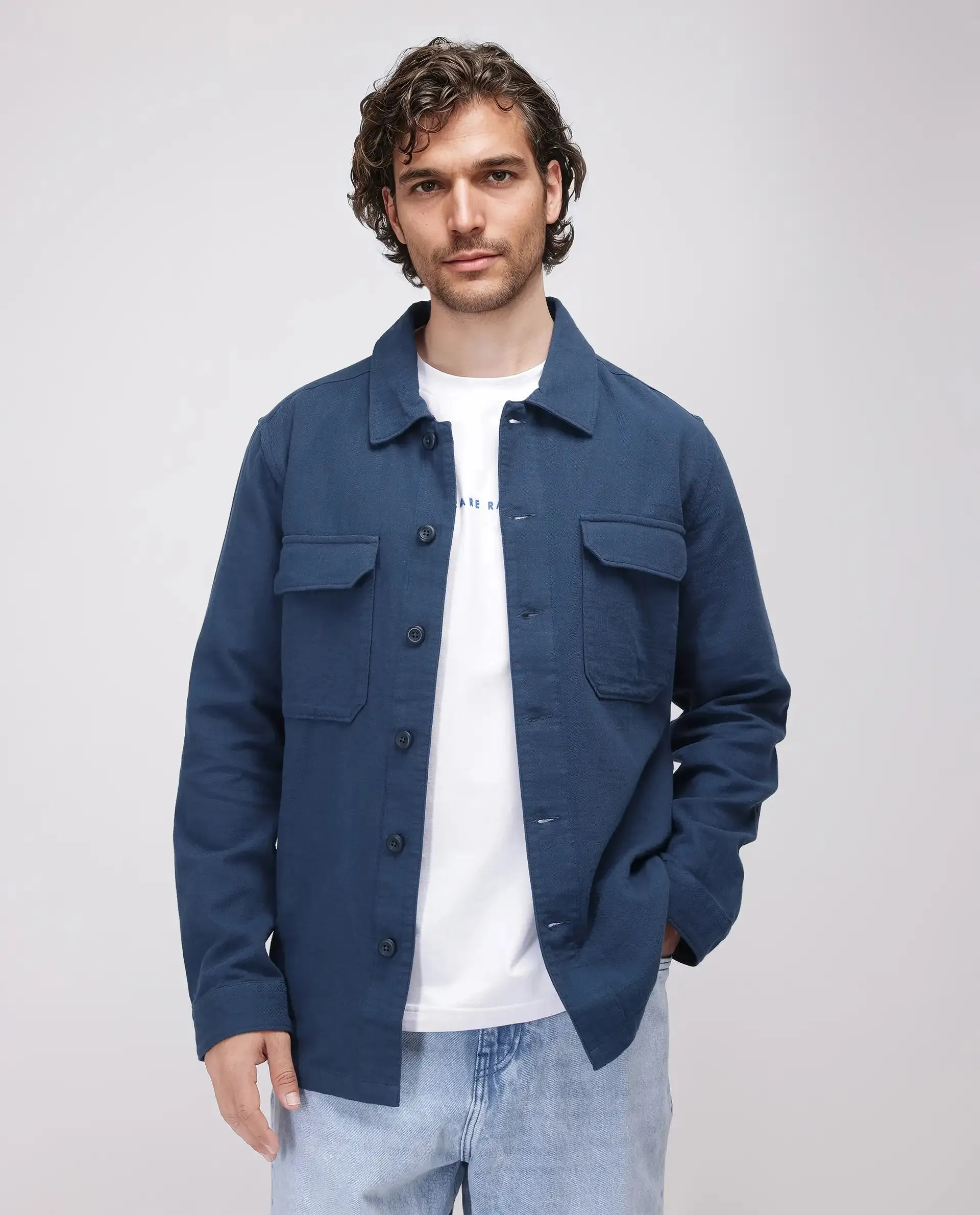Rare Rabbit Men's Prest-25 Dusky Blue Cotton Fabric Full Sleeve Collared Neck Plain Shacket