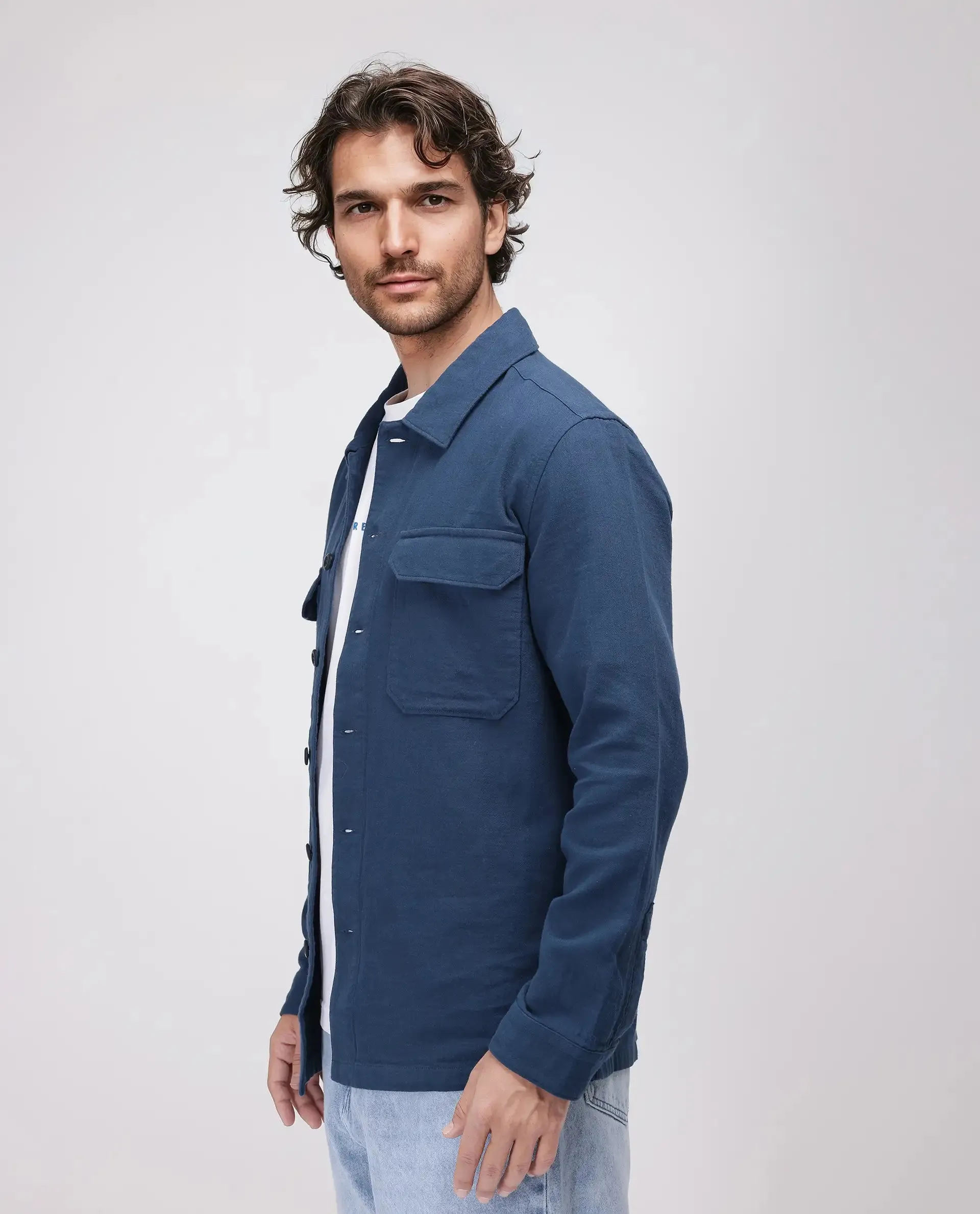 Rare Rabbit Men's Prest-25 Dusky Blue Cotton Fabric Full Sleeve Collared Neck Plain Shacket
