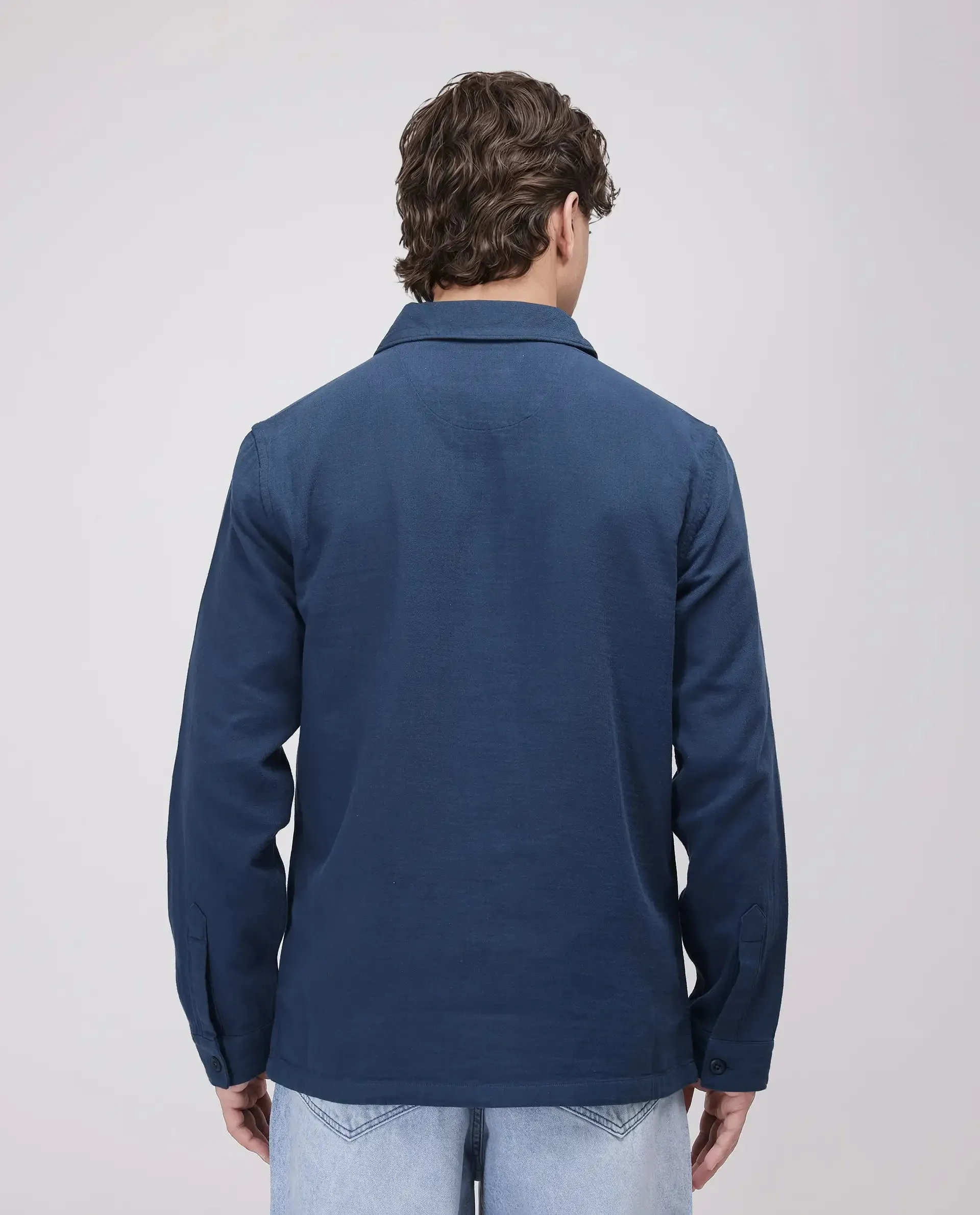 Rare Rabbit Men's Prest-25 Dusky Blue Cotton Fabric Full Sleeve Collared Neck Plain Shacket