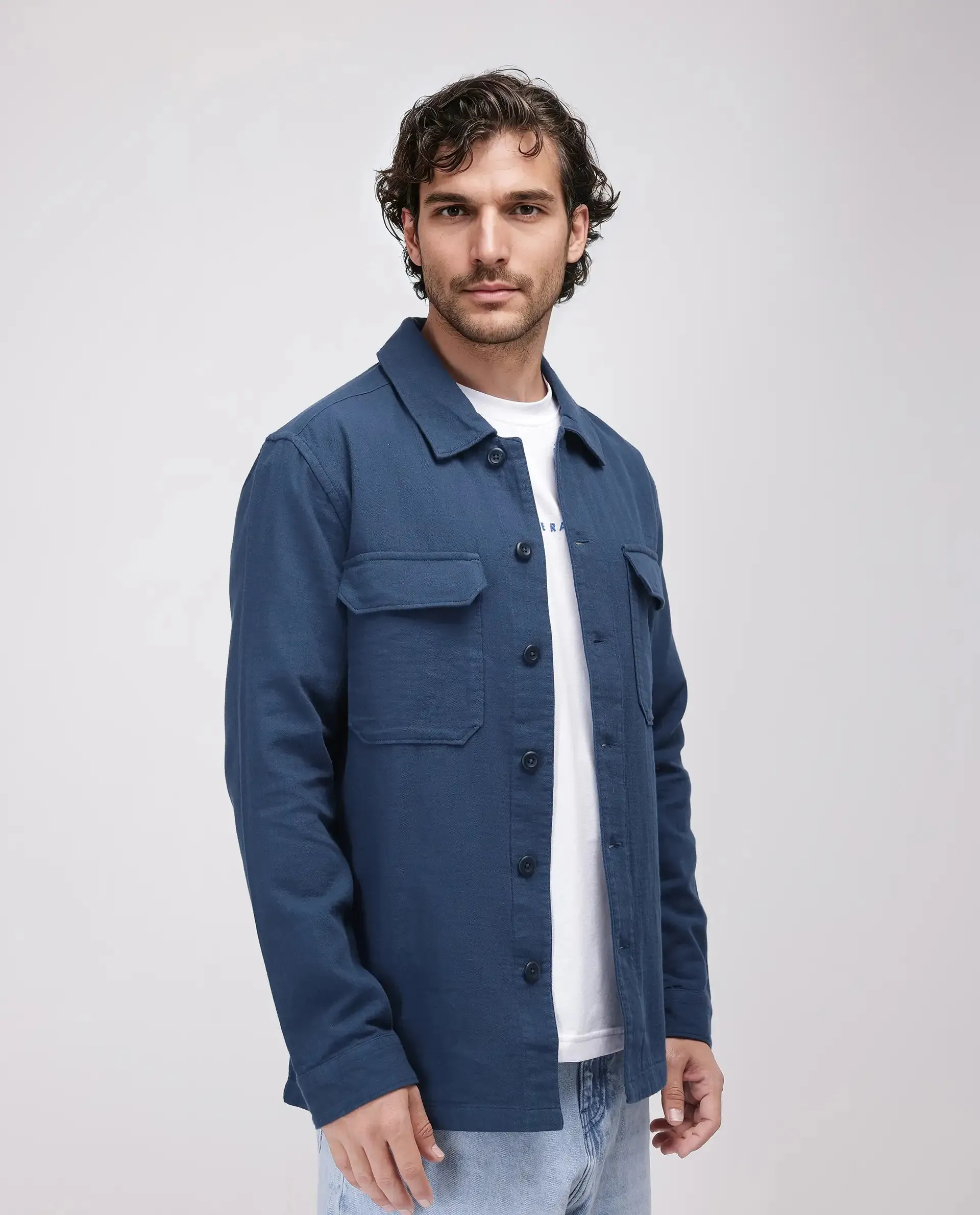 Rare Rabbit Men's Prest-25 Dusky Blue Cotton Fabric Full Sleeve Collared Neck Plain Shacket