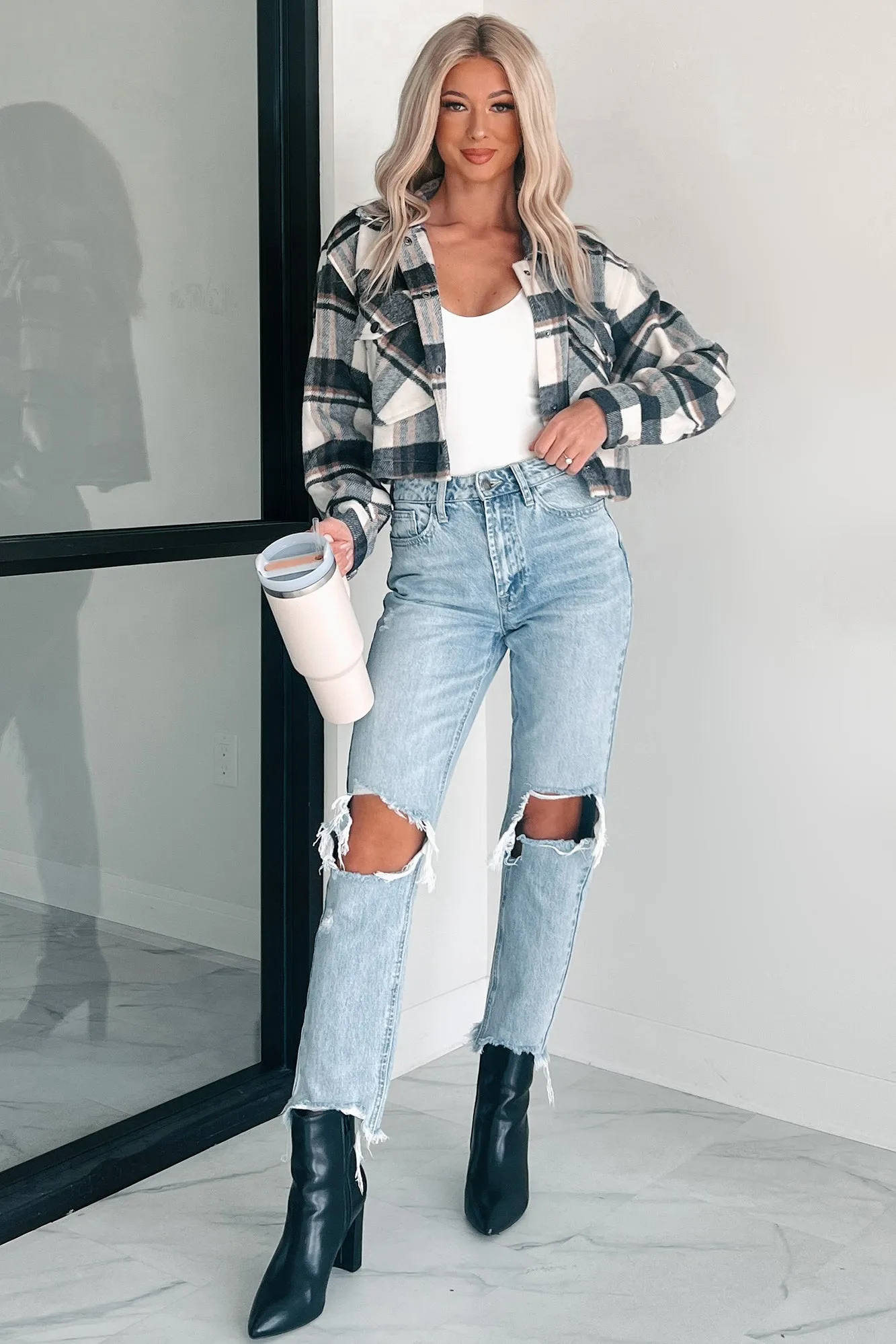 Take My Chances Plaid Crop Shacket (Charcoal)