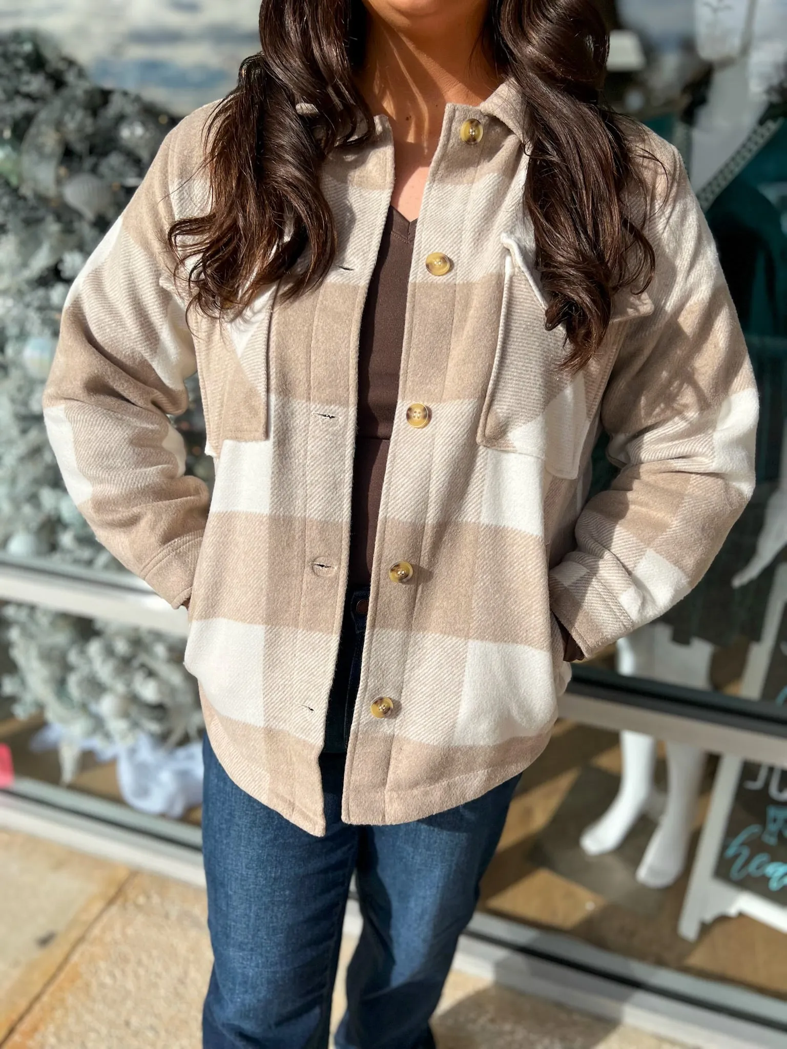 Think It Over Khaki Plaid Shacket with Front Pocket Details