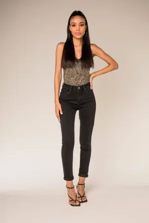 Wholesale Black High Waist Skinny Jeans with Turn-Up Legs