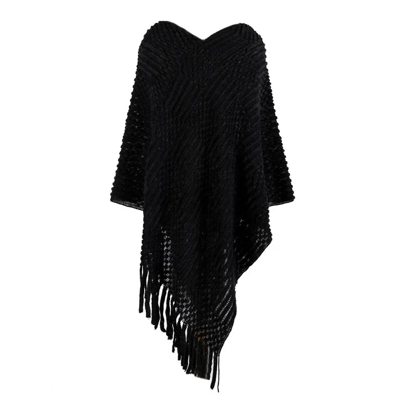 Women's Autumn/Winter Casual Knitted Poncho With Tassels