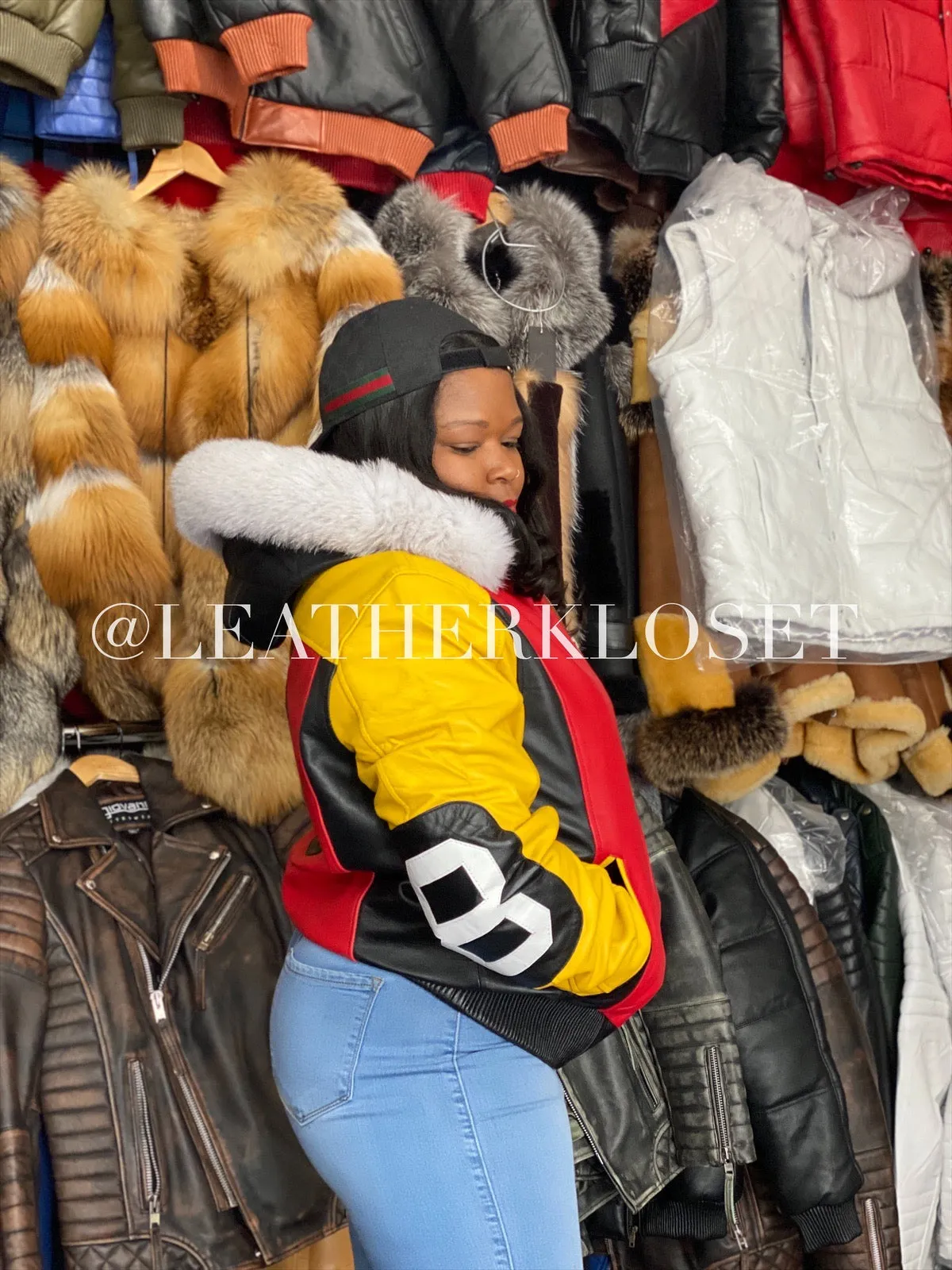 Women's Leather 8 Ball Jacket With Fox Hood