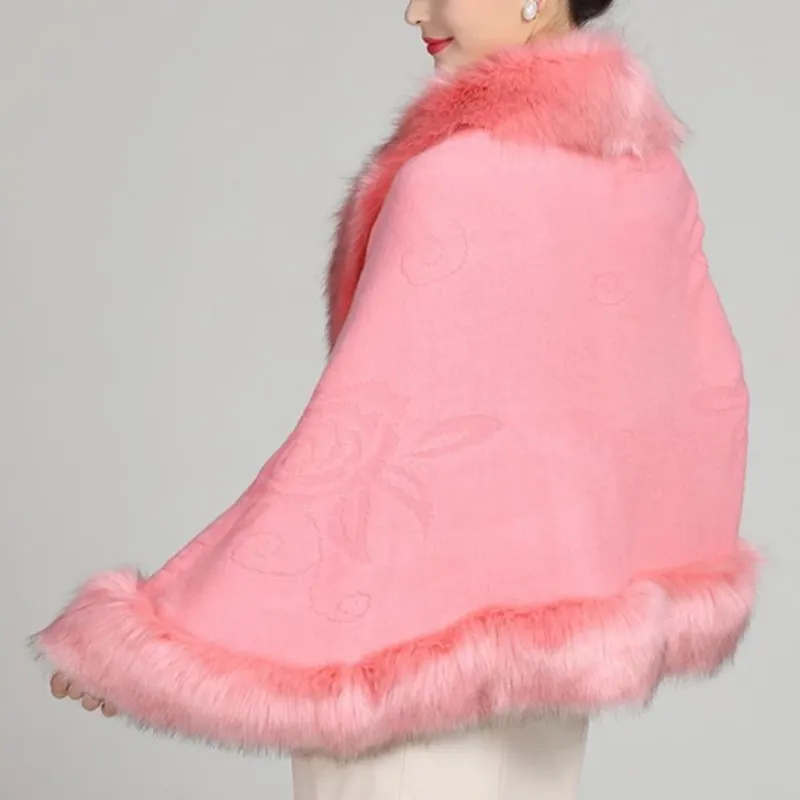 Women's Winter Casual O-Neck Poncho With Faux Fox Fur
