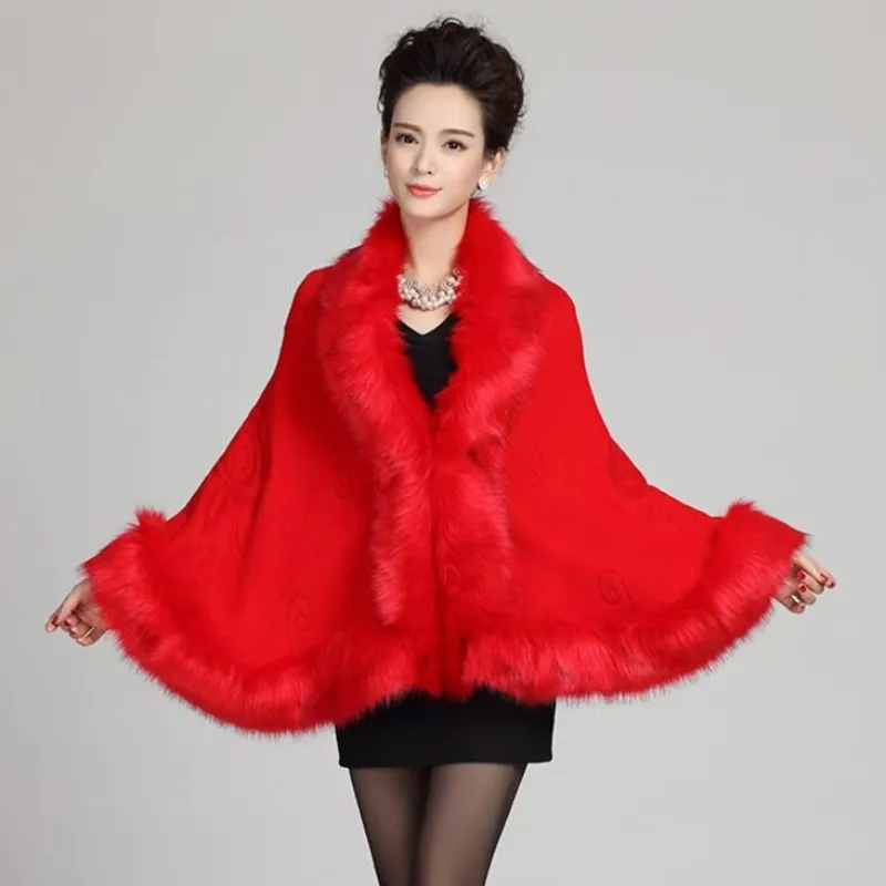 Women's Winter Casual O-Neck Poncho With Faux Fox Fur
