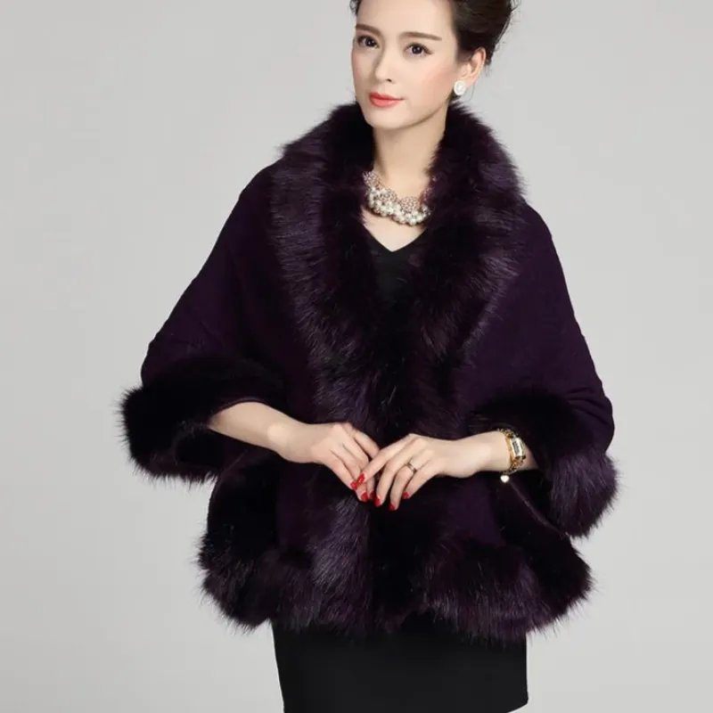 Women's Winter Casual O-Neck Poncho With Faux Fox Fur