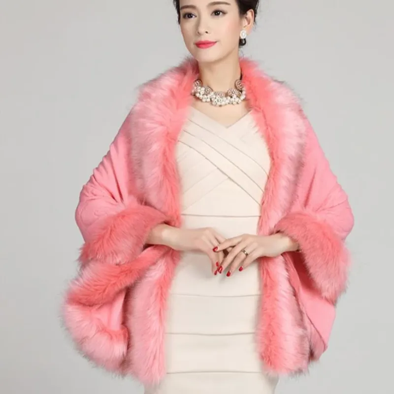 Women's Winter Casual O-Neck Poncho With Faux Fox Fur