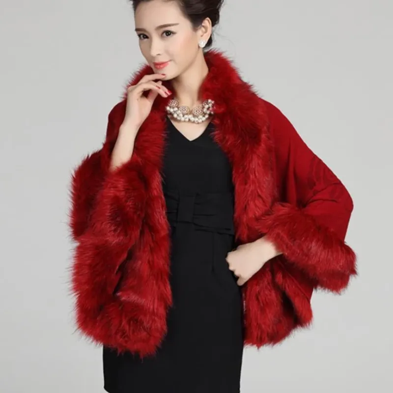 Women's Winter Casual O-Neck Poncho With Faux Fox Fur