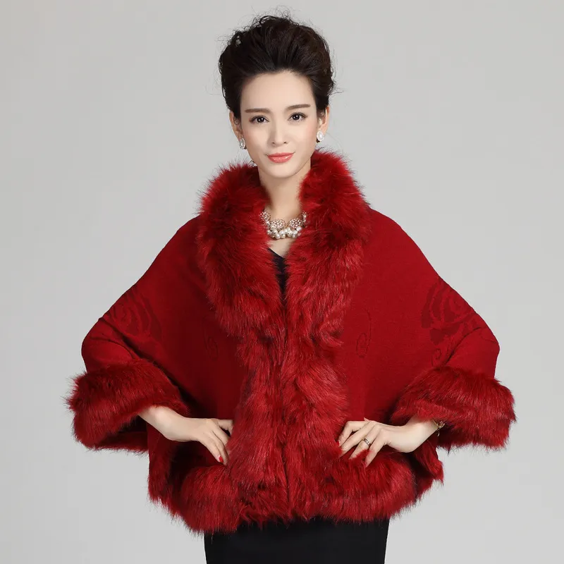 Women's Winter Casual O-Neck Poncho With Faux Fox Fur