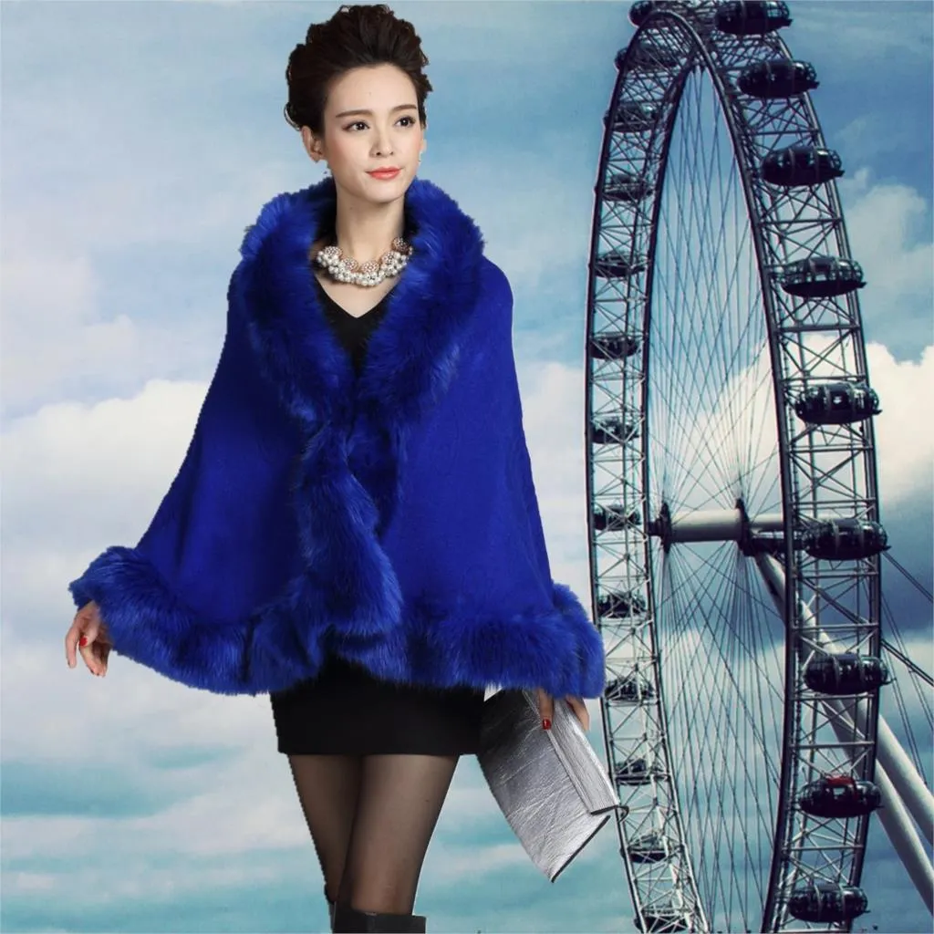 Women's Winter Casual O-Neck Poncho With Faux Fox Fur