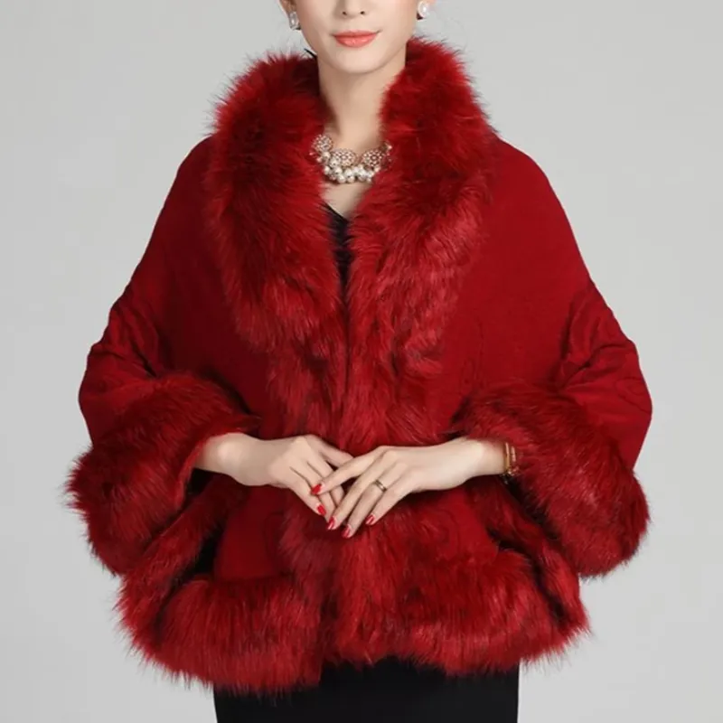 Women's Winter Casual O-Neck Poncho With Faux Fox Fur