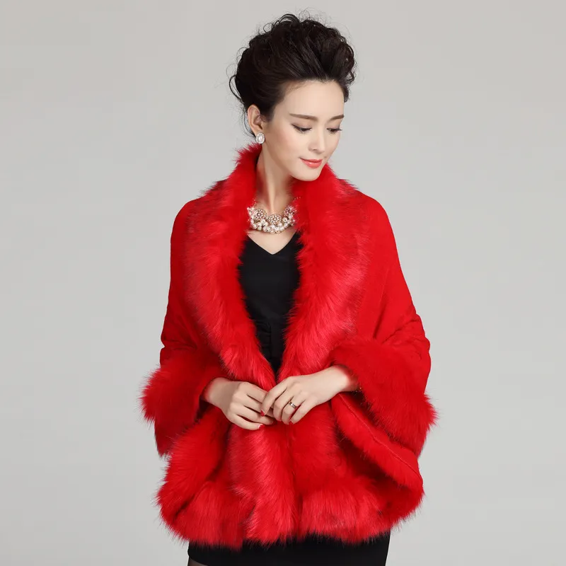 Women's Winter Casual O-Neck Poncho With Faux Fox Fur