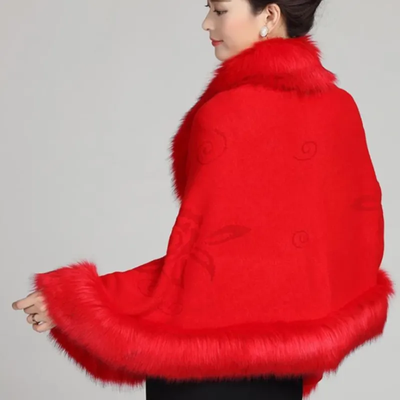 Women's Winter Casual O-Neck Poncho With Faux Fox Fur
