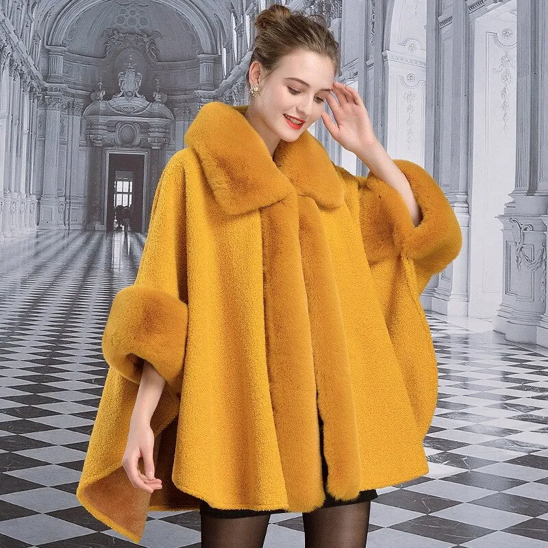 Women's Winter Warm Poncho With Faux Rabbit Fur