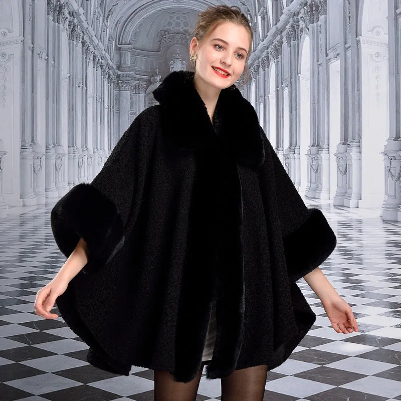 Women's Winter Warm Poncho With Faux Rabbit Fur
