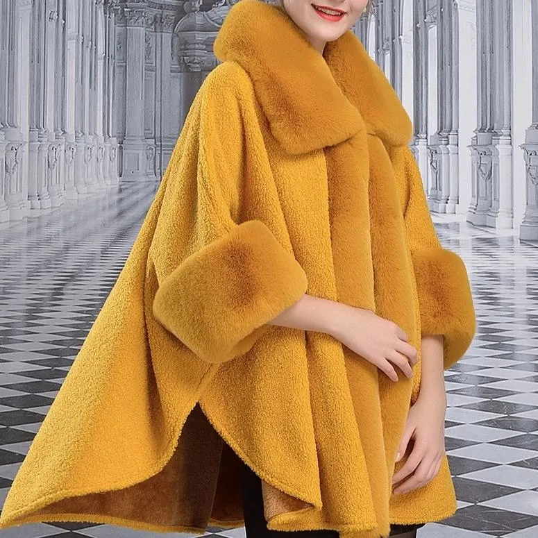 Women's Winter Warm Poncho With Faux Rabbit Fur