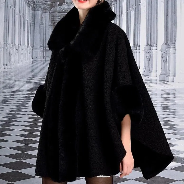 Women's Winter Warm Poncho With Faux Rabbit Fur