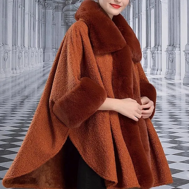 Women's Winter Warm Poncho With Faux Rabbit Fur