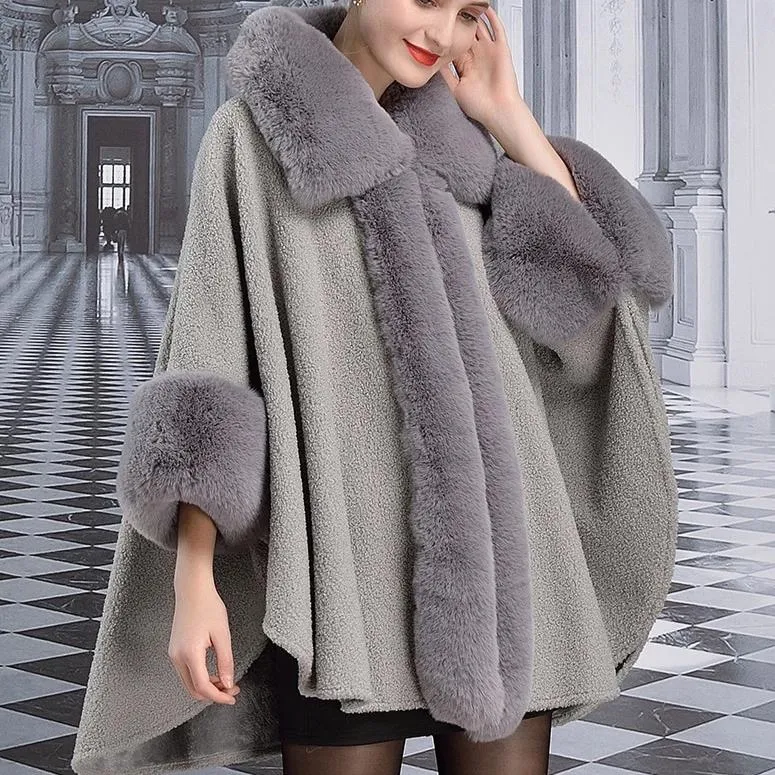 Women's Winter Warm Poncho With Faux Rabbit Fur