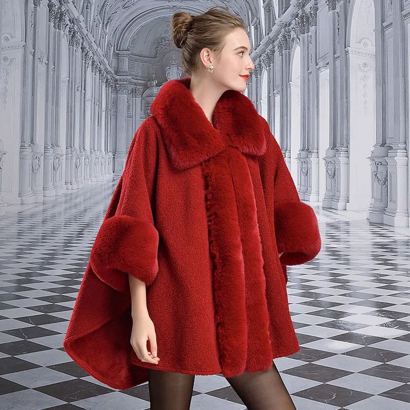 Women's Winter Warm Poncho With Faux Rabbit Fur