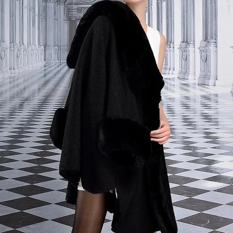 Women's Winter Warm Poncho With Faux Rabbit Fur