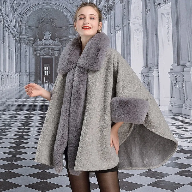 Women's Winter Warm Poncho With Faux Rabbit Fur