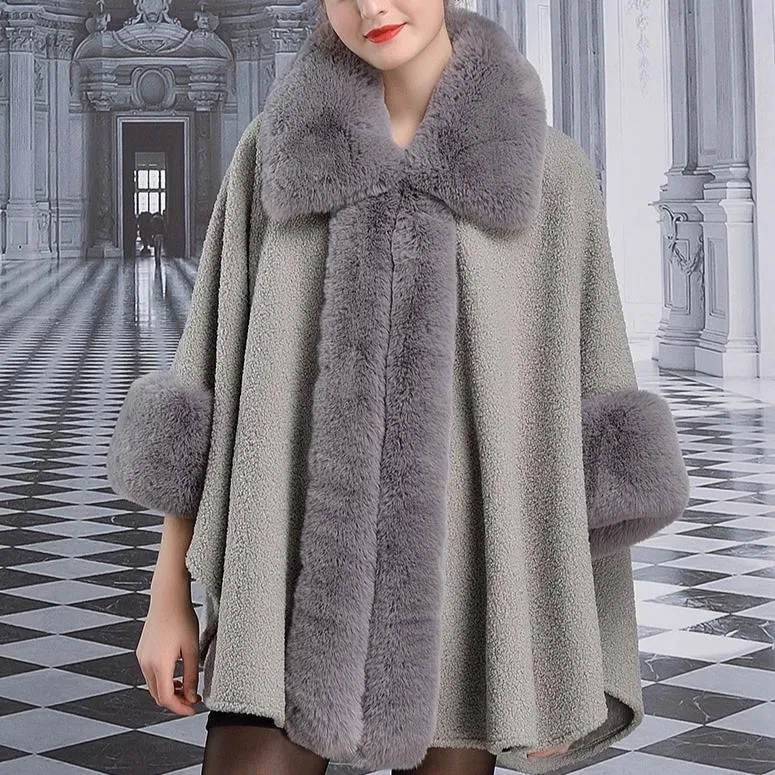 Women's Winter Warm Poncho With Faux Rabbit Fur