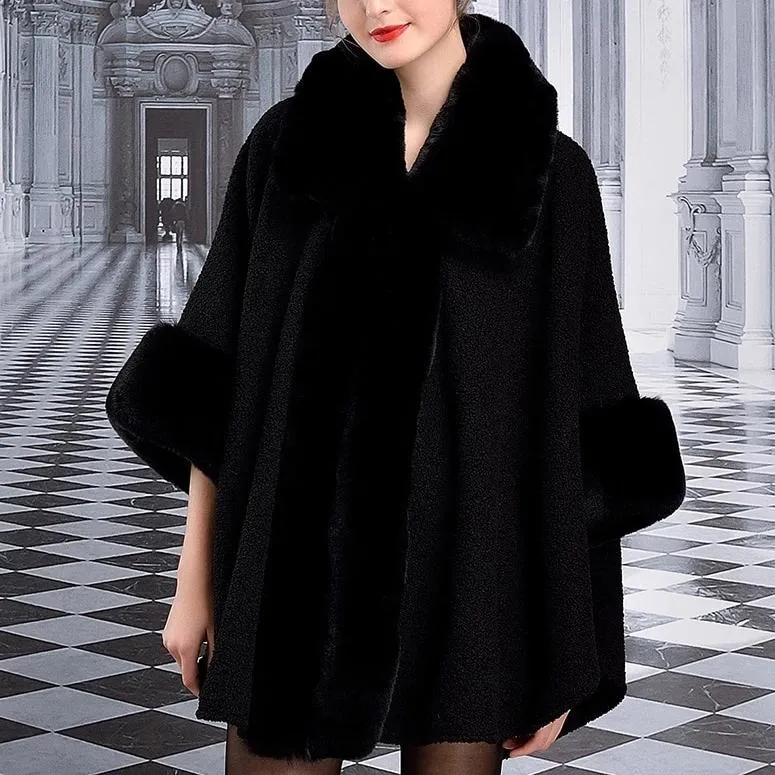 Women's Winter Warm Poncho With Faux Rabbit Fur
