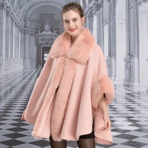 Women's Winter Warm Poncho With Faux Rabbit Fur