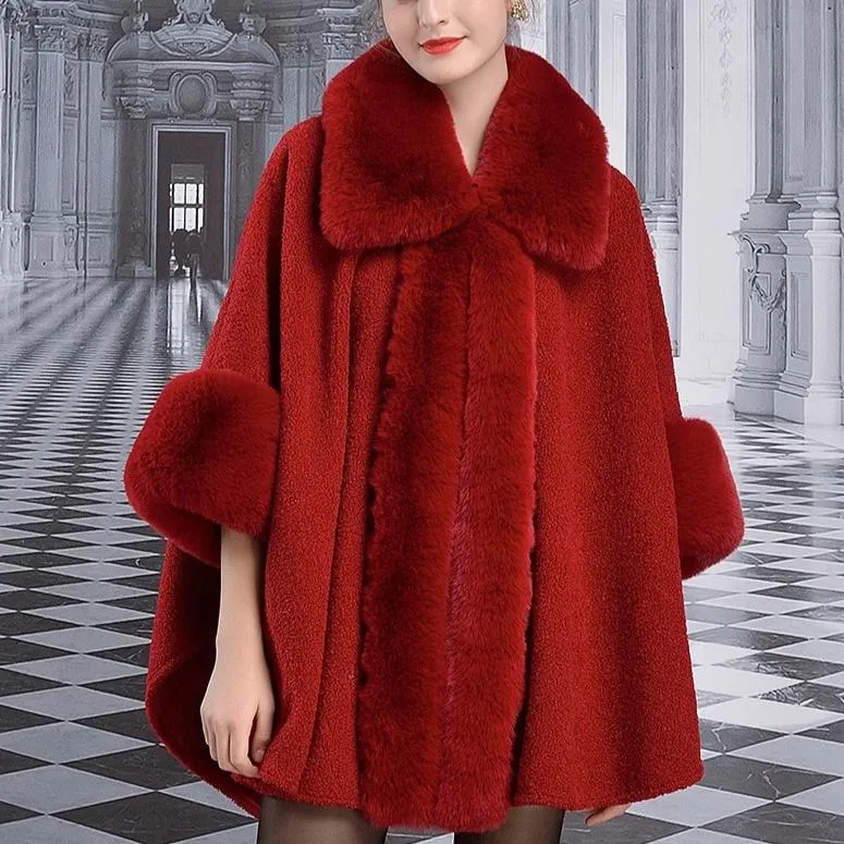 Women's Winter Warm Poncho With Faux Rabbit Fur